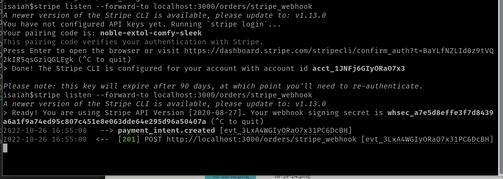 Stripe CLI output